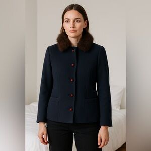GANT Navy Wool Coat with Faux Fur Collar